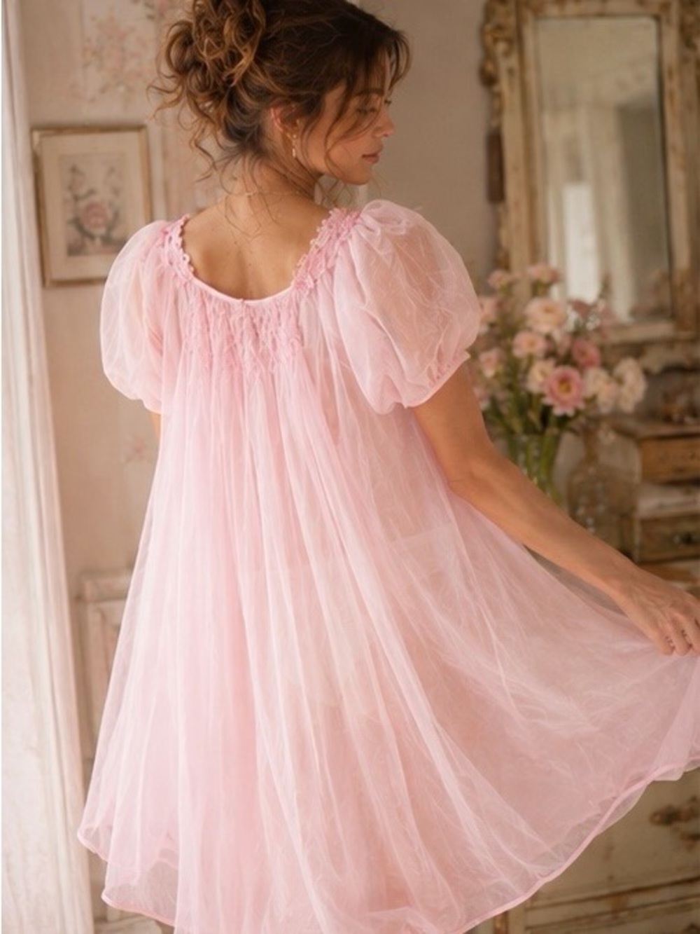 VTG Retro Penney Gaymode Pink Barbie Babydoll Lace Chiffon Gown Peignoir Robe